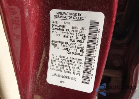 1999 Nissan Pathfinder Le/Se/Xe из США, поврежденный, VIN JN8AR05S6XW326305